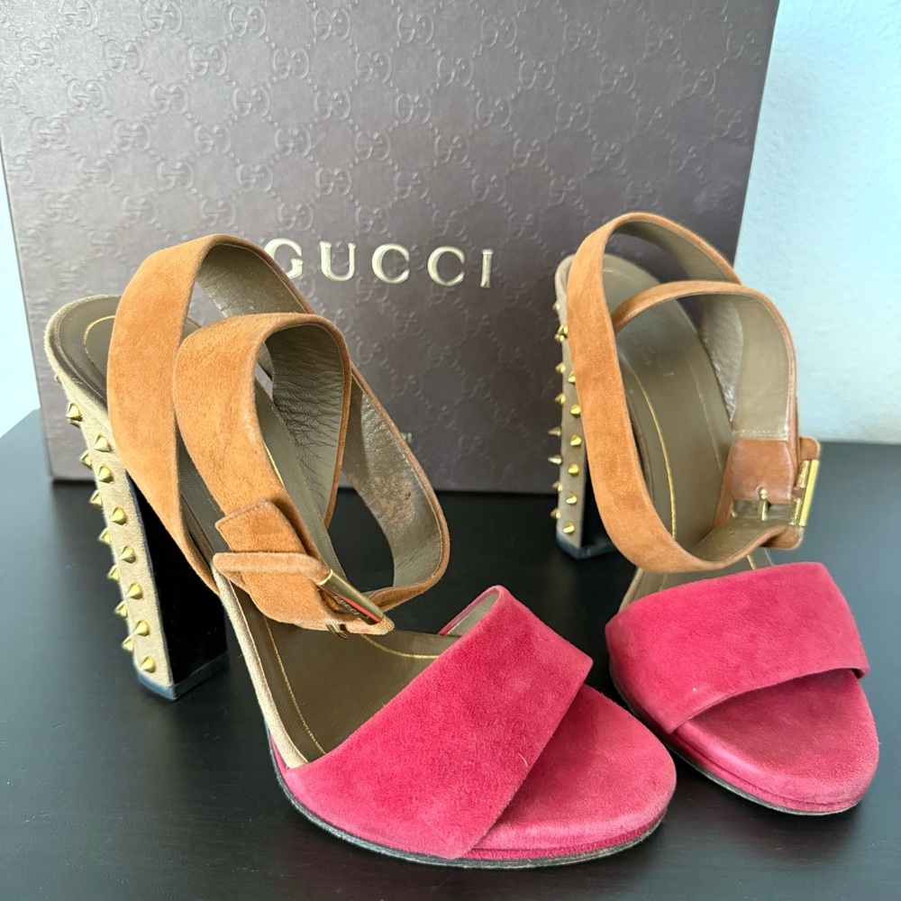 Gucci Two Tone Suede Madison Studded Heel Sandals Ankle Strap